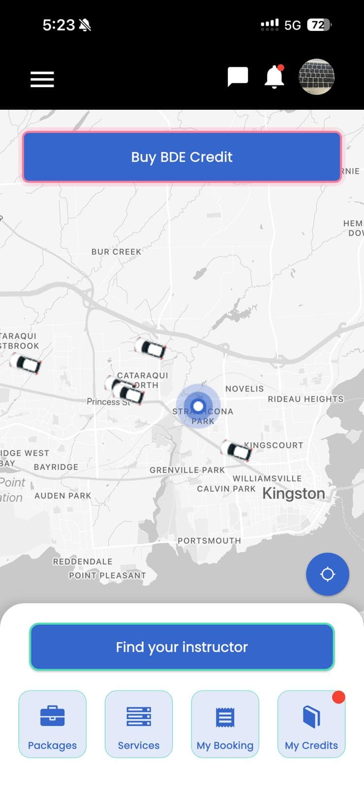 The Drivisa app showing nearby instructors on the map, and quick links to find an instructor, packages, services, bookings, and credits